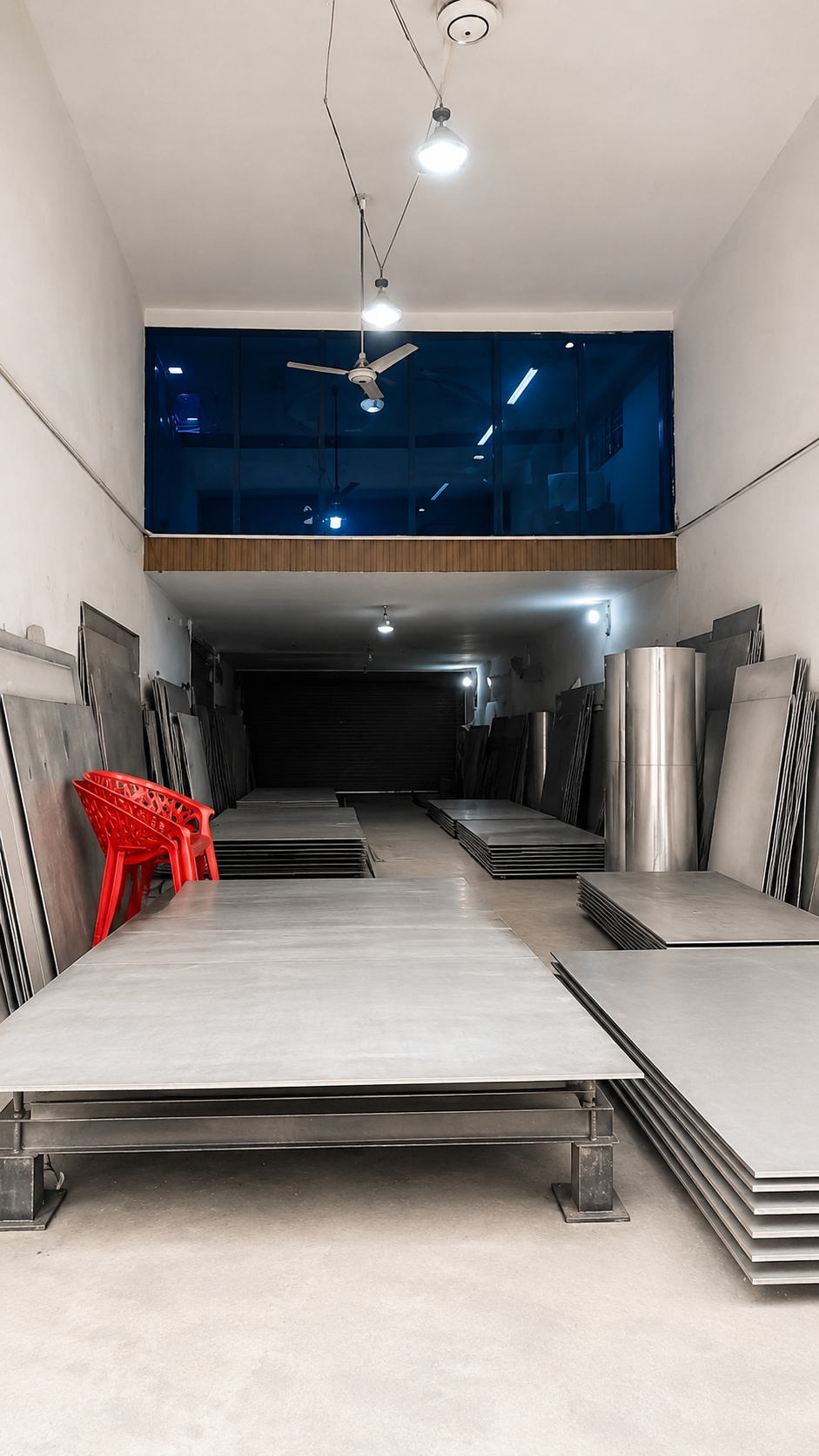Stainless steel sheets stocked inside Choudhary Steel House